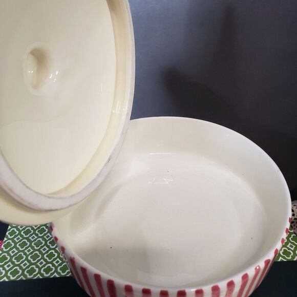 Vintage MCM Red and White Stripe Ceramic Lidded Dresser Jar Candy Dish - Picture 5 of 9